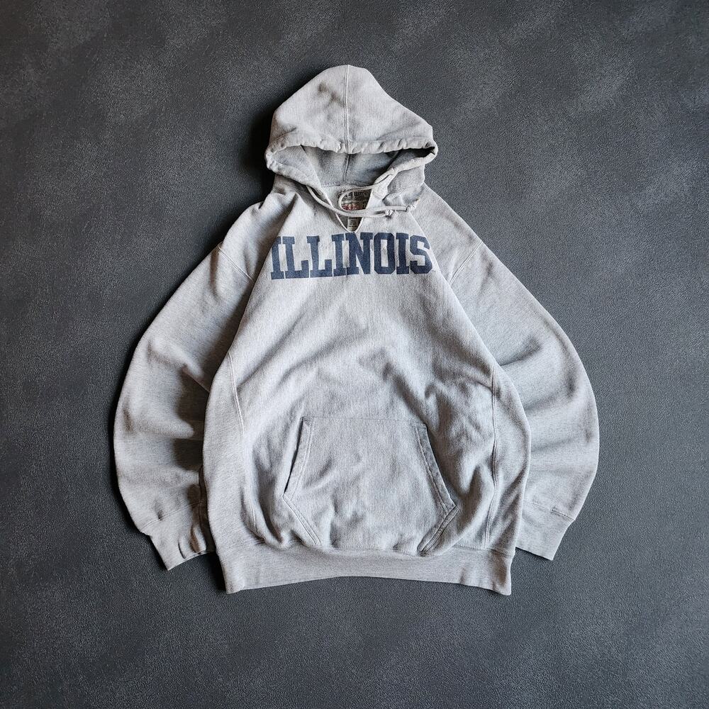 Vintage Illinois Grey Pullover V Neck Hoodie Large